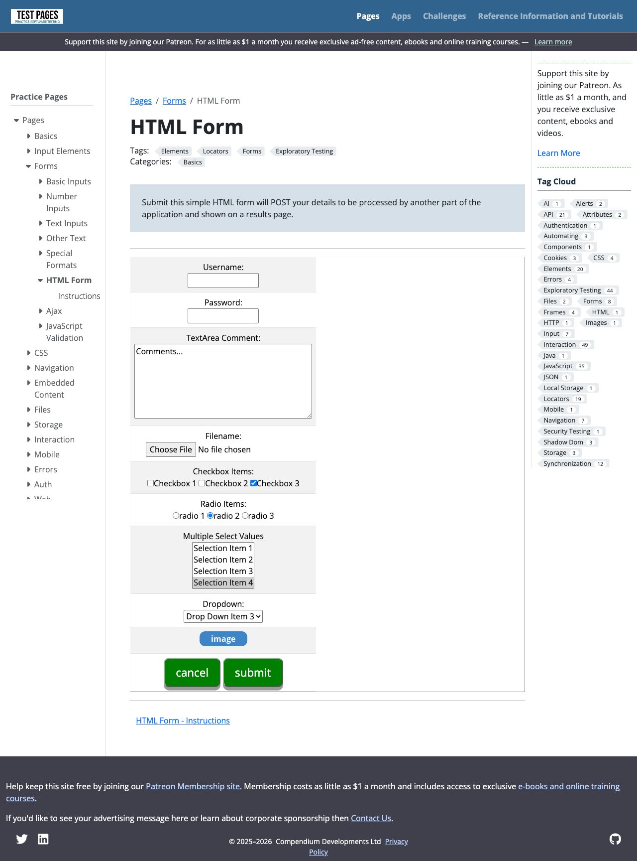 Desktop screenshot of the public HTML form used in the practice review