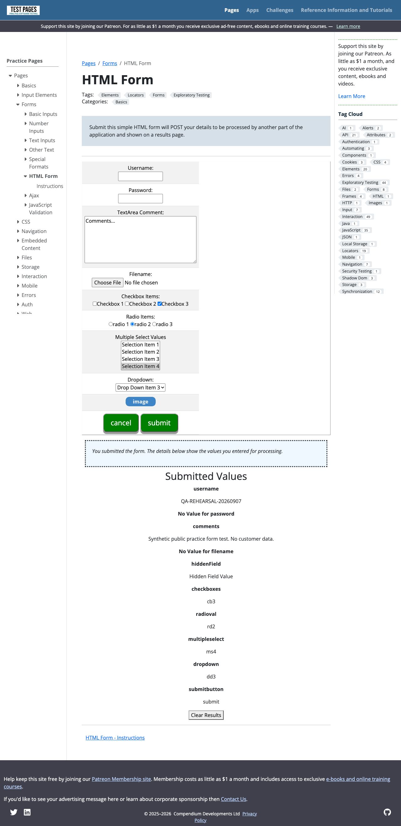 Desktop screenshot of the successful synthetic form submission result